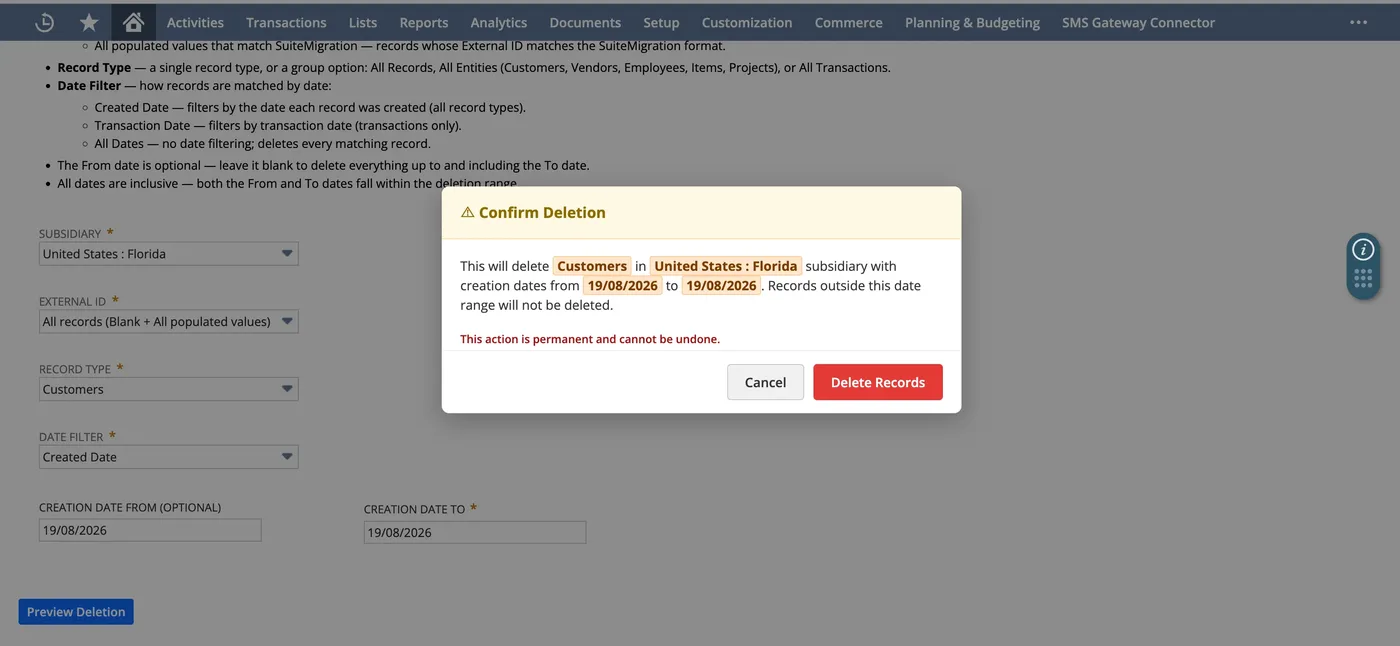 SuiteMigration Admin Toolkit confirmation dialog warning that the deletion is permanent