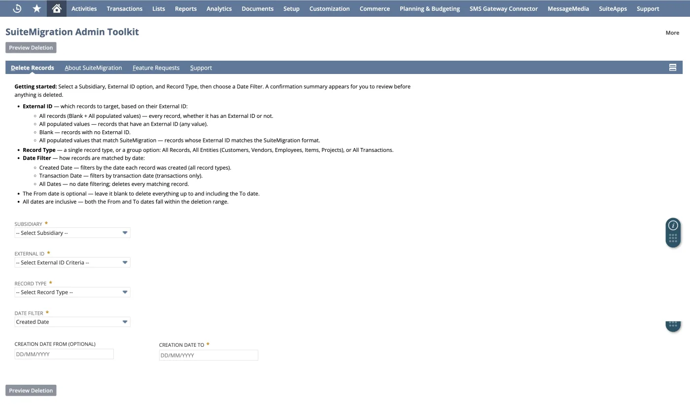 SuiteMigration Admin Toolkit delete-records form showing Subsidiary, External ID, Record Type, and Date Filter fields