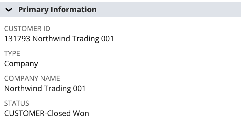 The Primary Information block of a NetSuite customer record. Customer ID reads 131793 Northwind Trading 001. Type reads Company. Company Name reads Northwind Trading 001. Status reads CUSTOMER-Closed Won.