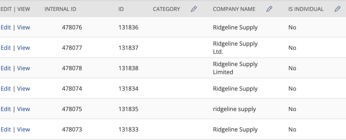 A NetSuite customer list showing six rows with distinct internal IDs 478073 to 478078 and IDs 131833 to 131838. Three rows have the identical company name Ridgeline Supply. One row reads ridgeline supply in lowercase. The remaining two read Ridgeline Supply Ltd. and Ridgeline Supply Limited. Every row shows Is Individual as No.