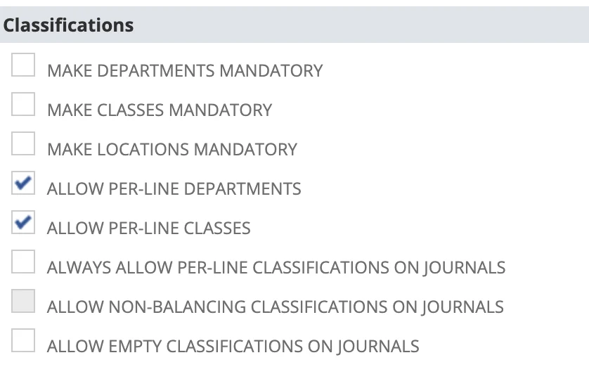 NetSuite Accounting Preferences, Classifications section, showing Allow Per-Line Departments and Allow Per-Line Classes both ticked, alongside the mandatory-classification and journal entry preferences.