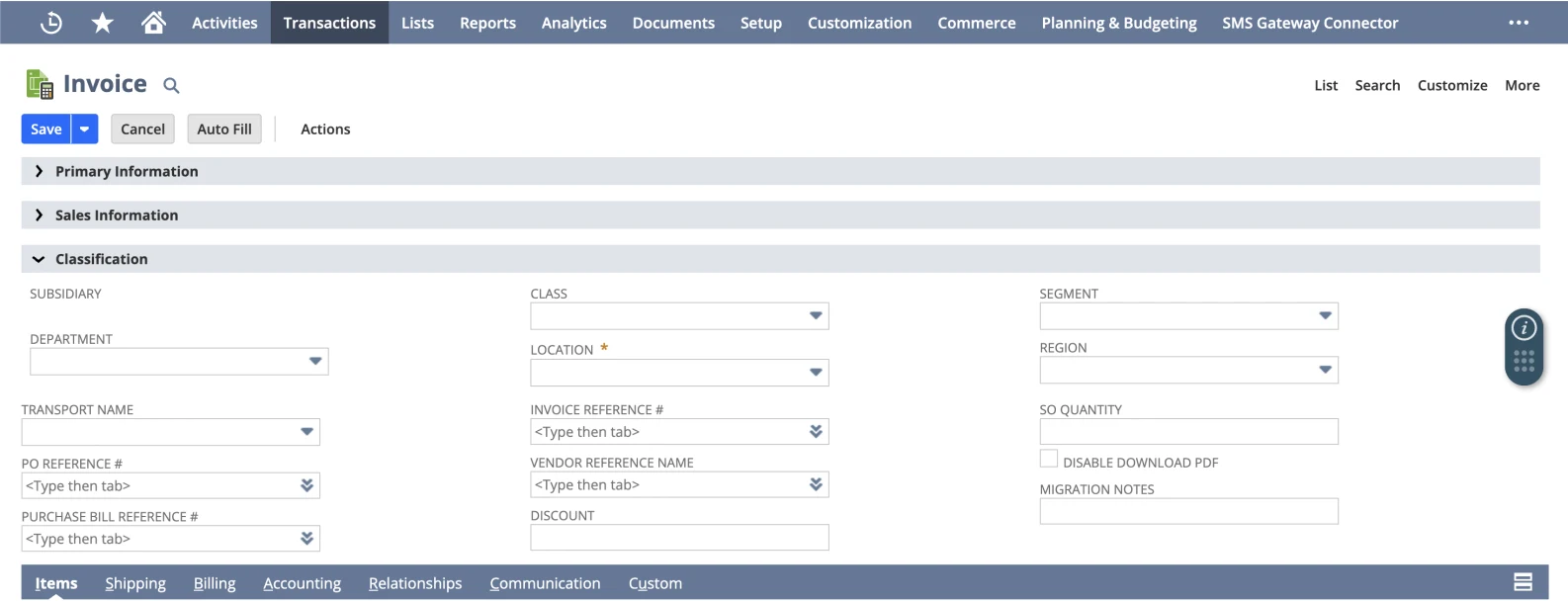 The Classification section of a standard NetSuite invoice form. The Location field is marked required with an asterisk; Department and Class are not.