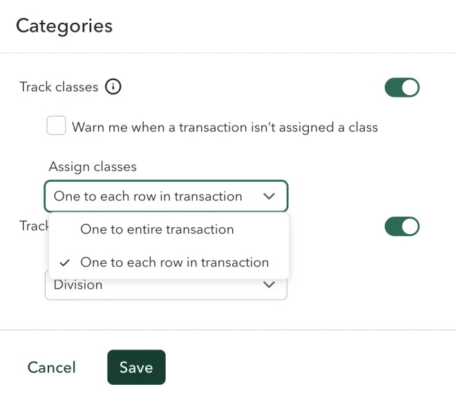 The same QuickBooks Categories settings with the Assign classes dropdown open, showing the two options: one to entire transaction, and one to each row in transaction.
