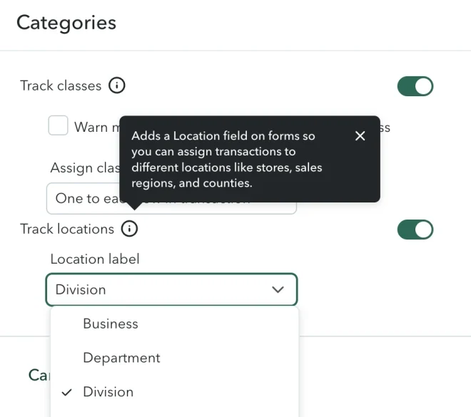 QuickBooks Online Categories settings with the Location label dropdown open, showing Business, Department, and Division as options, with Division currently selected.