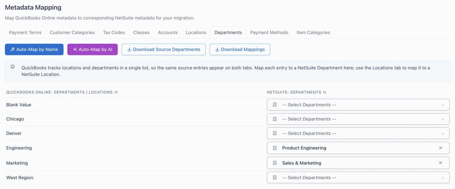 The same screen on the Departments tab, showing the identical QuickBooks source list. Here Marketing and Engineering are mapped to NetSuite departments while the three place names are left unmapped.