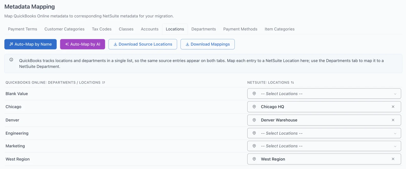 SuiteMigration's Metadata Mapping screen on the Locations tab. The QuickBooks source list on the left shows Chicago, Denver, West Region, Marketing, and Engineering; the three place names are mapped to NetSuite locations while Marketing and Engineering are left unmapped.