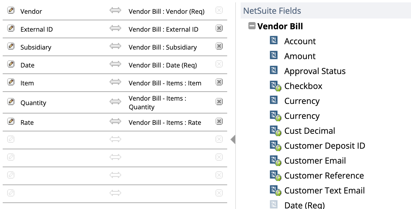 The mapping column of the NetSuite Field Mapping screen for a Vendor Bill import. Vendor, External ID, Subsidiary and Date map to header fields on the Vendor Bill record. Item maps to Vendor Bill - Items : Item, Quantity to Vendor Bill - Items : Quantity, and Rate to Vendor Bill - Items : Rate, all three on the line sublist.