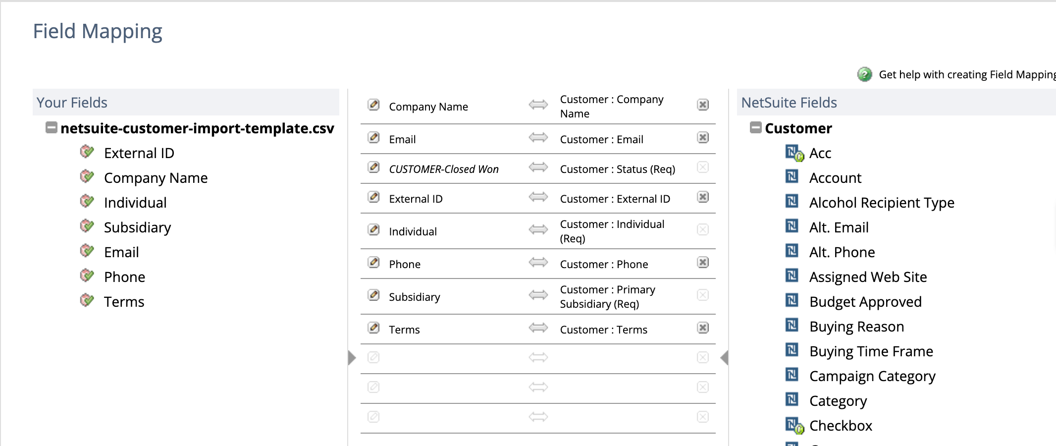The NetSuite Field Mapping screen with netsuite-customer-import-template.csv loaded. Your Fields lists External ID, Company Name, Individual, Subsidiary, Email, Phone and Terms. The Individual column maps across to Customer : Individual (Req) in upright type, showing the value came from the file. Two rows above it, CUSTOMER-Closed Won appears in italics against Customer : Status (Req), a value NetSuite supplied rather than one the file provided.