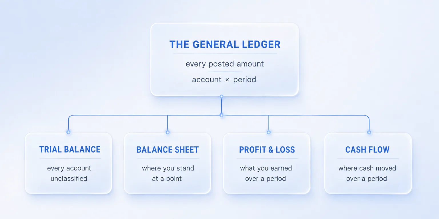 The general ledger — every posted amount, by account and period — branching into four aggregations: trial balance (every account, unclassified), balance sheet (where you stand, at a point), profit & loss (what you earned, over a period), and cash flow (where cash moved, over a period).