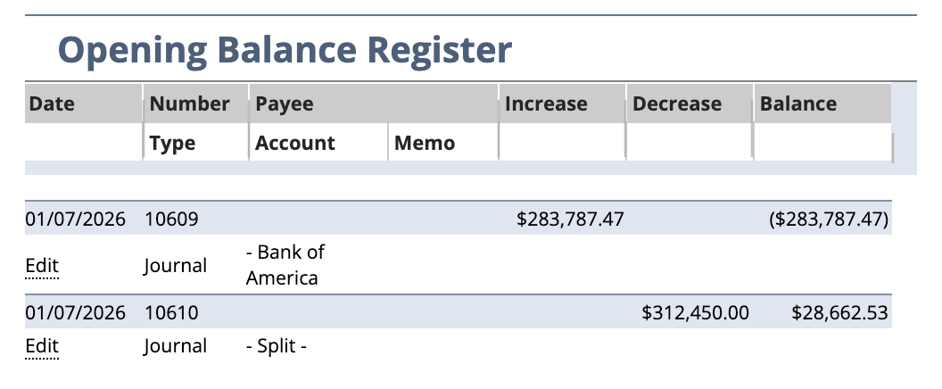 The NetSuite Opening Balance Register for account 3200, filtered from 01/07/2026 to 31/07/2026. Two rows dated 01/07/2026: journal 10609 against Bank of America showing 283,787.47 in the Increase column and a running balance of minus 283,787.47, then journal 10610 shown as Split with 312,450.00 in the Decrease column and a running balance of 28,662.53.