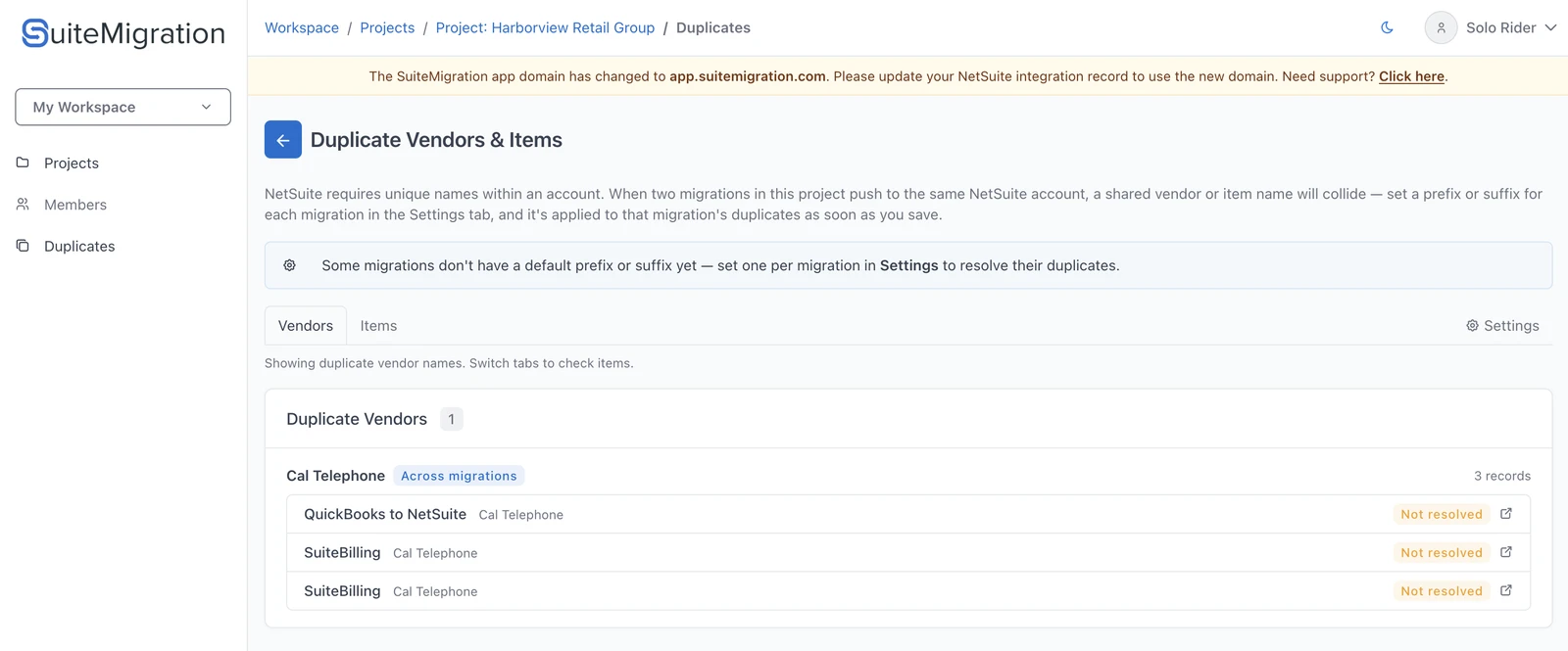 The Duplicates page’s Vendors tab showing a duplicate group for “Cal Telephone” with a badge reading “Across migrations,” listing one record from a QuickBooks migration and two records from a SuiteBilling migration, each with a status badge and a link icon to open the record.