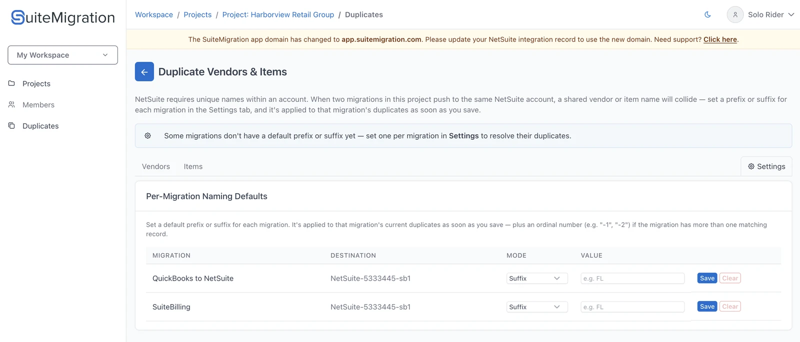 The Settings view of the Duplicates page: a table of migrations, each with a destination, a prefix/suffix mode selector, a text input for the value, and Save and Clear buttons.