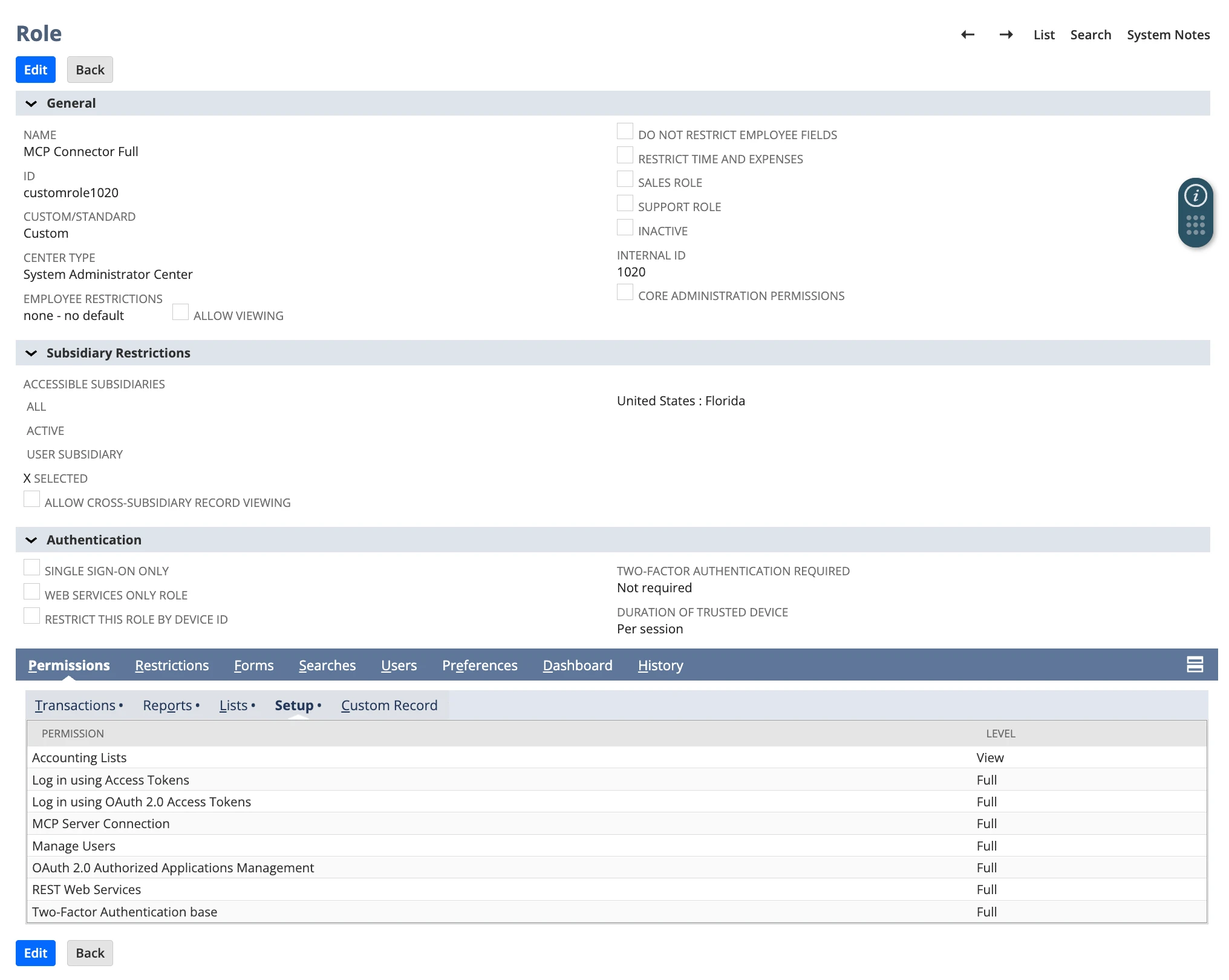NetSuite role permissions on the Lists subtab, with Items and Vendors set to Full.