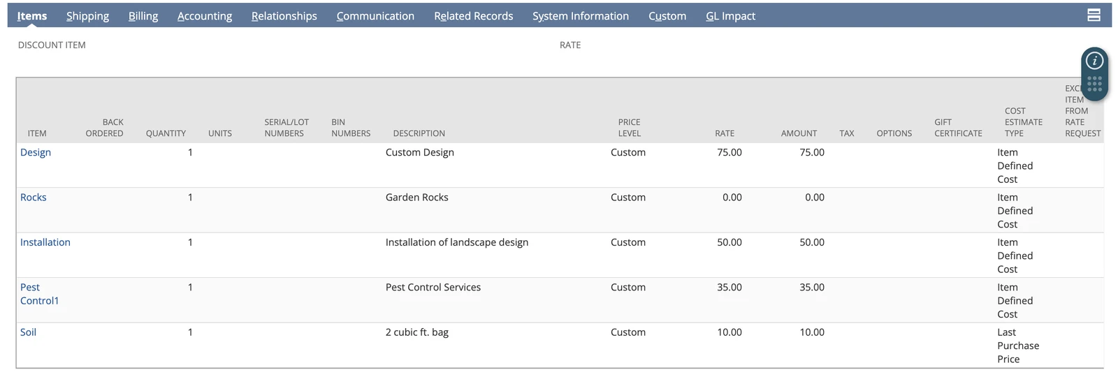 The same transaction in NetSuite as a native Cash Sale, carrying the same five item lines with matching descriptions, quantities, rates, and amounts.