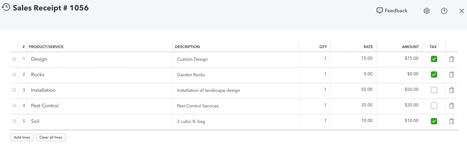 QuickBooks Sales Receipt #1056 with five item lines — Design, Rocks, Installation, Pest Control, and Soil — each carrying its own quantity, rate, and amount.