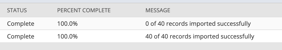 Two rows of a NetSuite CSV import job status list. Both show Status Complete and Percent Complete 100.0 percent. The first row's message reads 0 of 40 records imported successfully. The second reads 40 of 40 records imported successfully.
