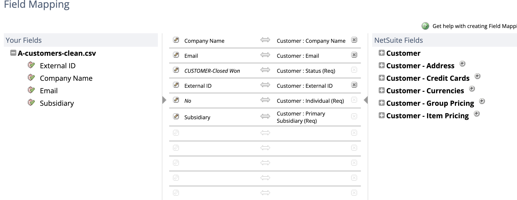 The same NetSuite Field Mapping screen after correction. All six rows now have a source on the left, including the Individual field which now shows the constant No in italics.