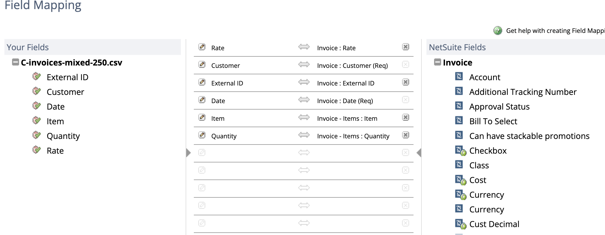 Field Mapping for C-invoices-mixed-250.csv. Item maps to Invoice - Items colon Item and Quantity maps to Invoice - Items colon Quantity, both line-level fields. Rate maps to Invoice colon Rate, a header-level field, rather than to Invoice - Items colon Rate.