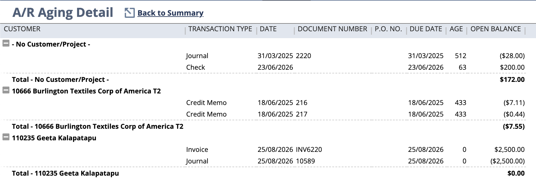 NetSuite A/R Aging Detail showing customer Geeta Kalapatapu with invoice INV6220 open for $2,500.00 and journal entry 10589 as a separate credit line of minus $2,500.00, netting to a customer total of $0.00.