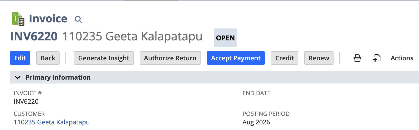 The header of NetSuite invoice INV6220 for customer Geeta Kalapatapu. The status badge reads OPEN and an Accept Payment button is offered in the toolbar.