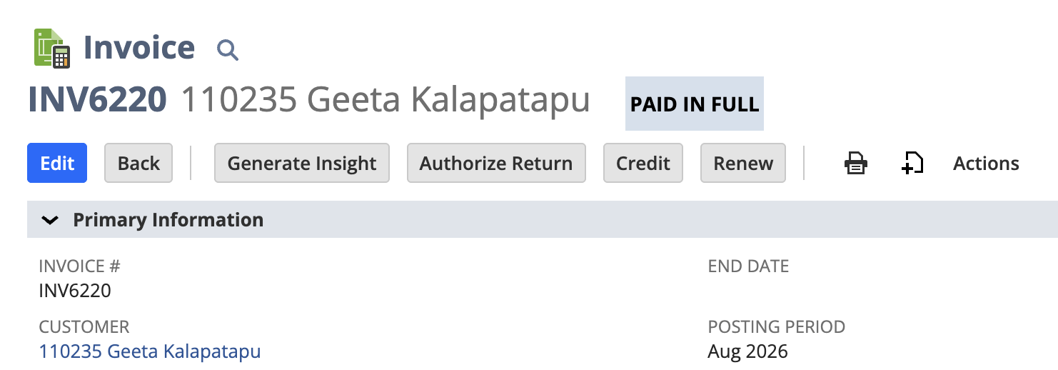 The header of the same NetSuite invoice INV6220 once an application exists against it. The status badge reads PAID IN FULL and the Accept Payment button is gone from the toolbar.