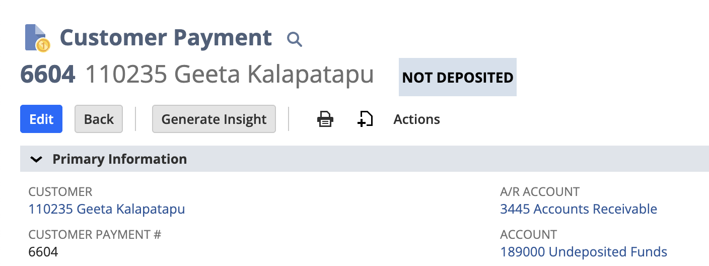 The header of NetSuite customer payment 6604 for Geeta Kalapatapu. The status badge reads NOT DEPOSITED and the account is 189000 Undeposited Funds.
