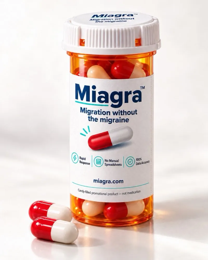 A bottle of MIAGRA capsules. The label reads: candy-filled promotional product, not medication.